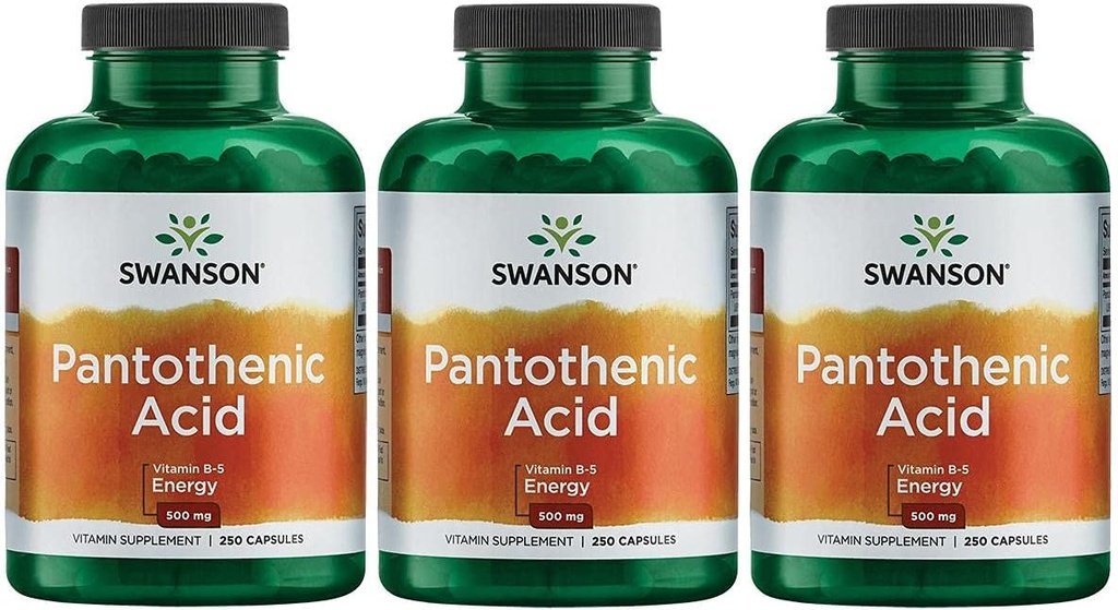 Swanson Pantothenic Acid (B-5 vitamīns) Enerģijas metabolisms Nervu funkcijas atbalsts 500 mg 250 kapsulas (3 iepakojumi)