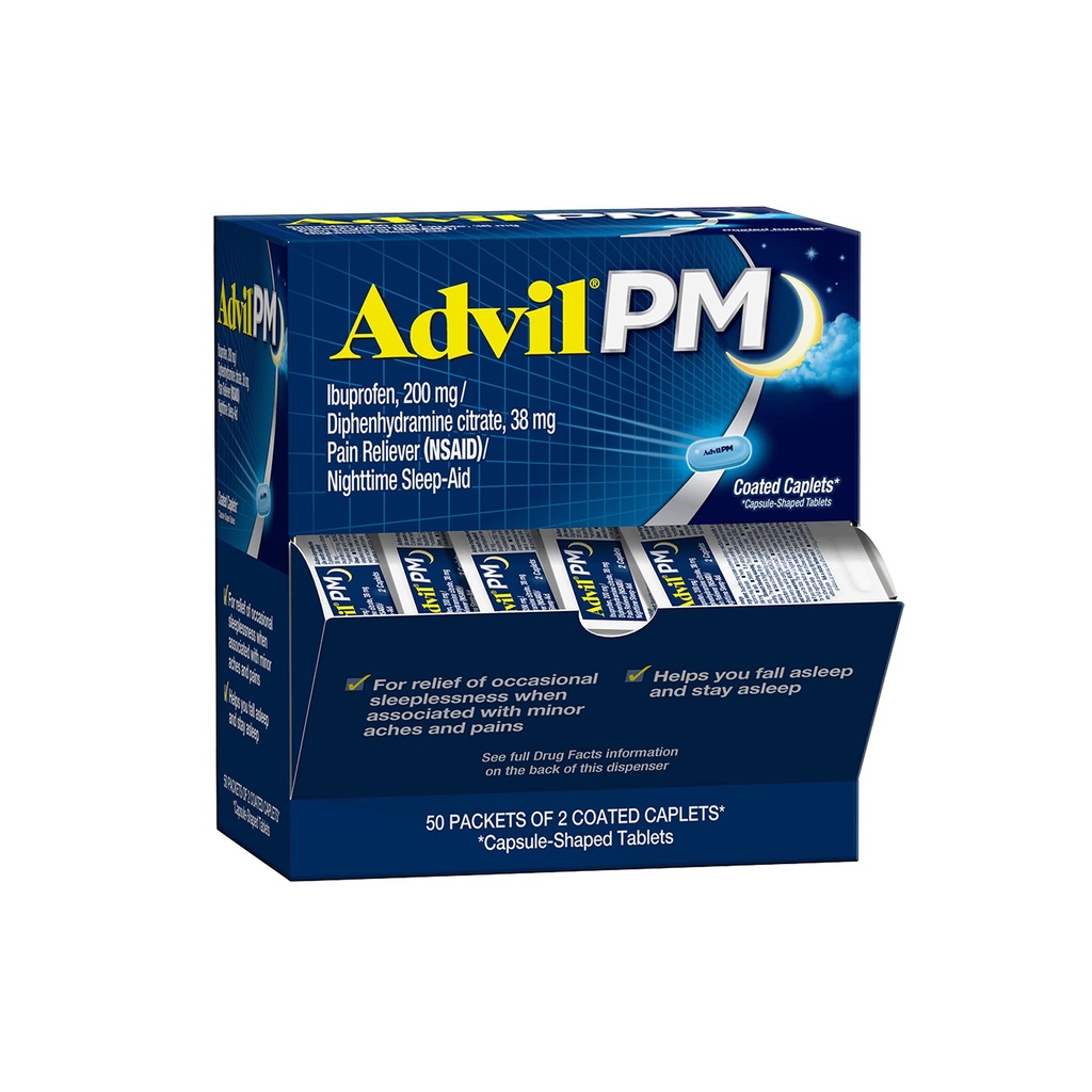 Advil PM sāpes Reliver un nakts miega palīglīdzeklis, sāpes Medicīna ar Ibuprofēnu sāpju atvieglošanai un difenhidramīna citrāts miega palīglīdzeklim - 50x2 Apvalkotas Caplets