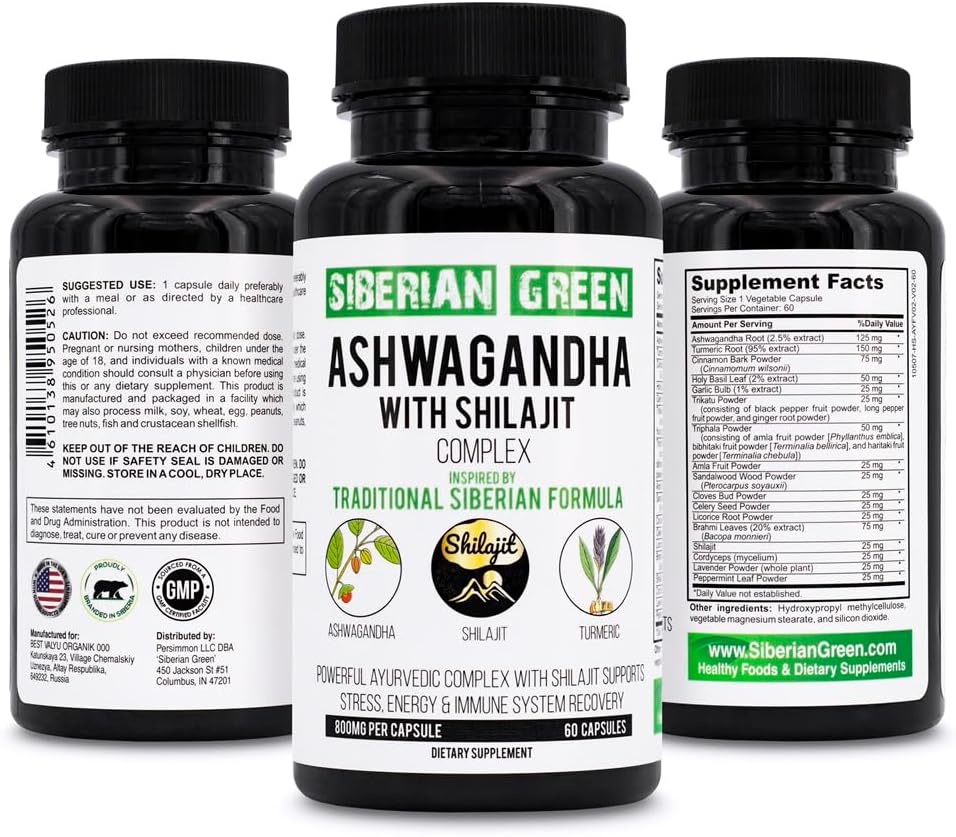 Sibīrijas Zaļā Ashwagandha ar Altai Shilajit & Turmeric Ayurvedic Complex 60 kapsulas – Tradicionālā Sibīrijas Formula Stress Relief, Mood, Enerģijas Atbalsts, Imūnās sistēmas atgūšana