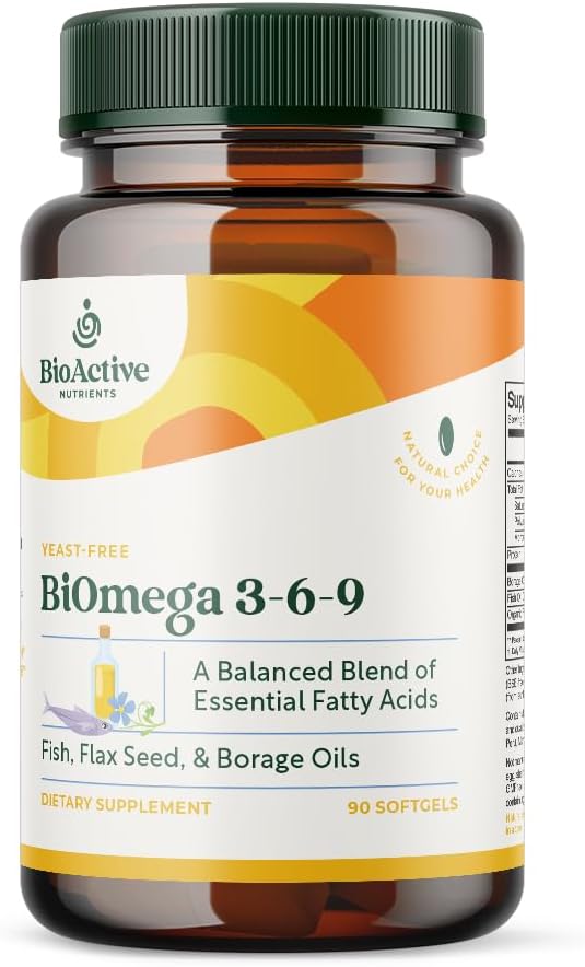 BIOACTIVE NUTRIENTS BiOmega 3- 6- 9 Papildinājums Softgels sievietēm un vīriešiem - Omega 3 6 9 - Labāko zivju komplekss, Linsēklu eļļa un gurķu eļļas piedevas - 1200mg - 90 Softgels