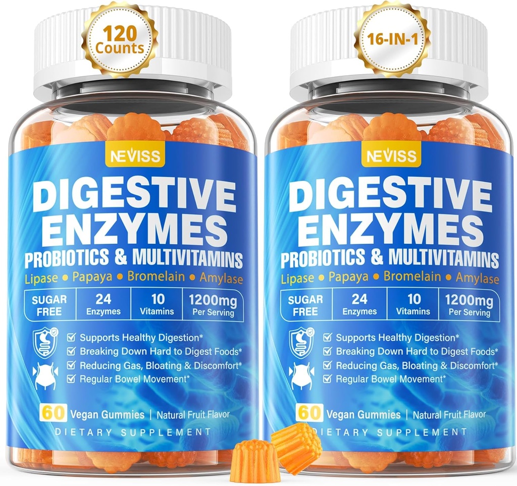 Gremošanas enzīmi ar probiotiskām gumijām, multivitamīniem, kalciju, magniju - visi 24 būtiski košļājami multienzīmi - papaija, lipāze, amilāze, Bromelaīns - noārdošas karbonas, olbaltumvielas, tauki, 2 iepakojumi