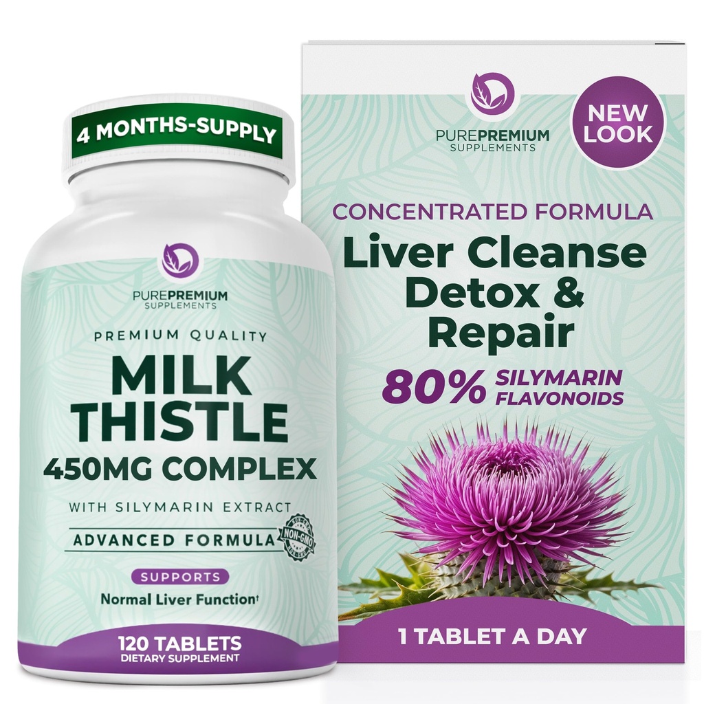 PurePremium Milk Thistle papildinājums – Aknu tīrīt Detox & Remonts, 80% Silymarin Standardized Extract – 450mg komplekss atbalsta normāla aknu funkcija – Non-GMO, Gluten-free - 120 Piegāde