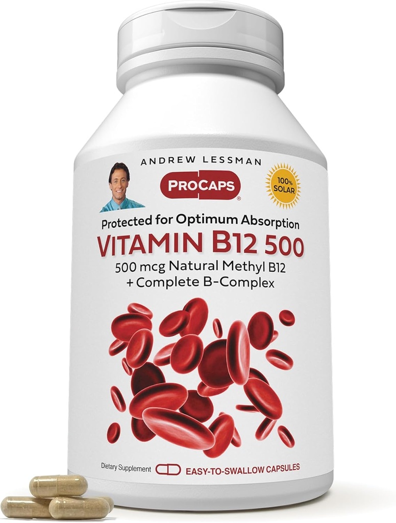 ANDREW LESSMAN vitamīns B12 500 720 Kapsulas - Ar absorbciju aizsargāts metilkobalamīns (Natural Coenzyme vitamīns B12), būtiski enerģijas un stresa atbalstam, Plus B-Complex, viegli norīt kapsulas