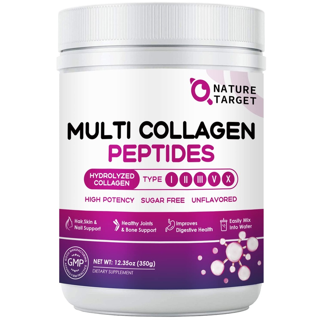 NATURE MĒRĶA Multi- kolagēna peptīdi Pulveris - I, II, III, V, X tips - Hidrolizēti kolagēna peptīdi ar C vitamīnu Hyaluronic Acid, atbalsta ādas matu nagu un locītavu, zāles baro, ne-GMO, 35 Servē