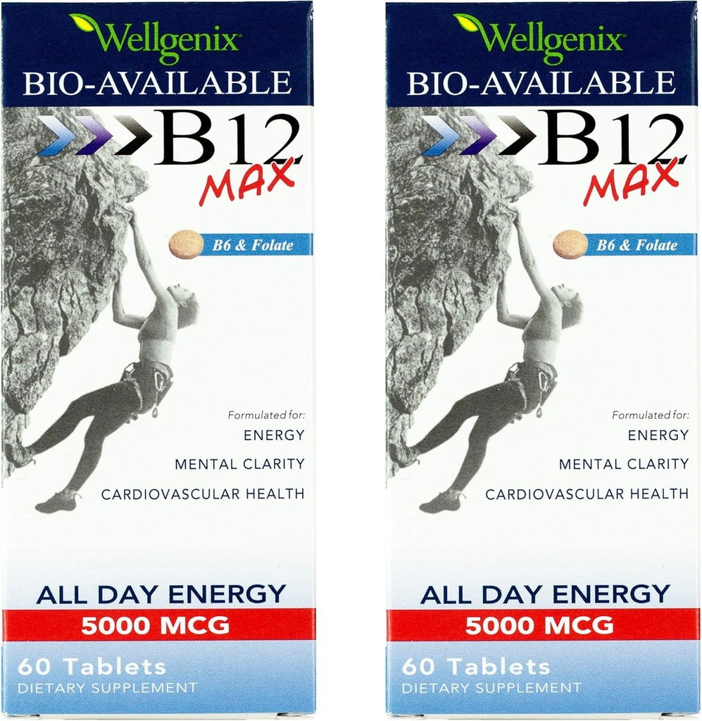 B12 - Formulēts augstai absorbcijai - Uztura multivitamīns B12, B6, Folāts - ātri izšķīdina (60 Ct) 2 iepakojumā