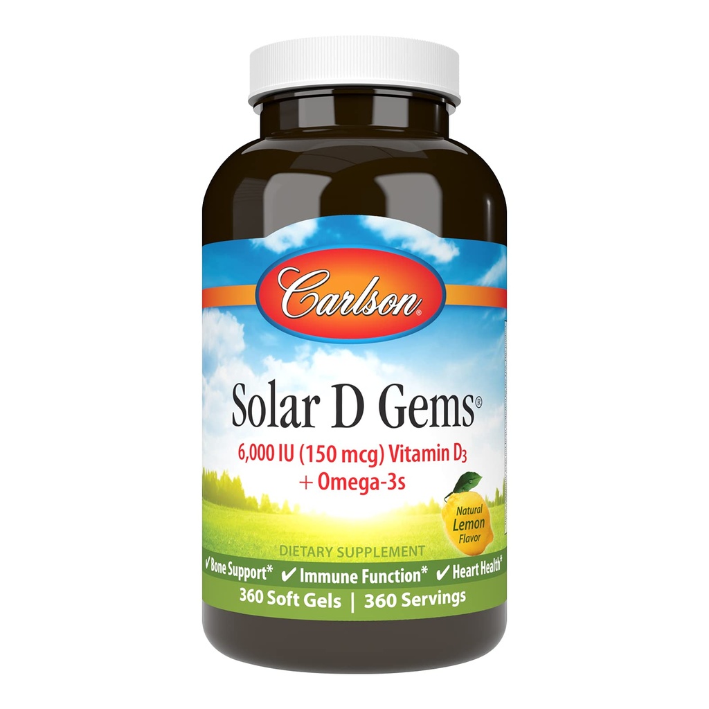 Carlson - Solar D Gems, D3 vitamīns un Omega-3 papildinājums, 6000 SV (150 μg) D3 vitamīns, 115 mg Omega-3s EPA un DHA papildinājums, savvaļas nokauts, ilgtspējīgi iegūts, citrons, 360 softgeli