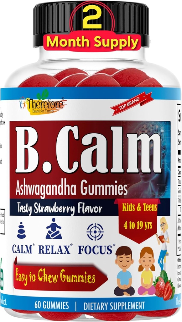 Tāpēc B.Calm Kids Focus & Uzmanība Gumies - Anti-Stress, Atmiņa, Mood & Relaxation- Dabas Calm Ashwagandha bērniem un pusaudžiem – Focus Vitamīni pusaudžiem – zemeņu Flavor, 60 ct