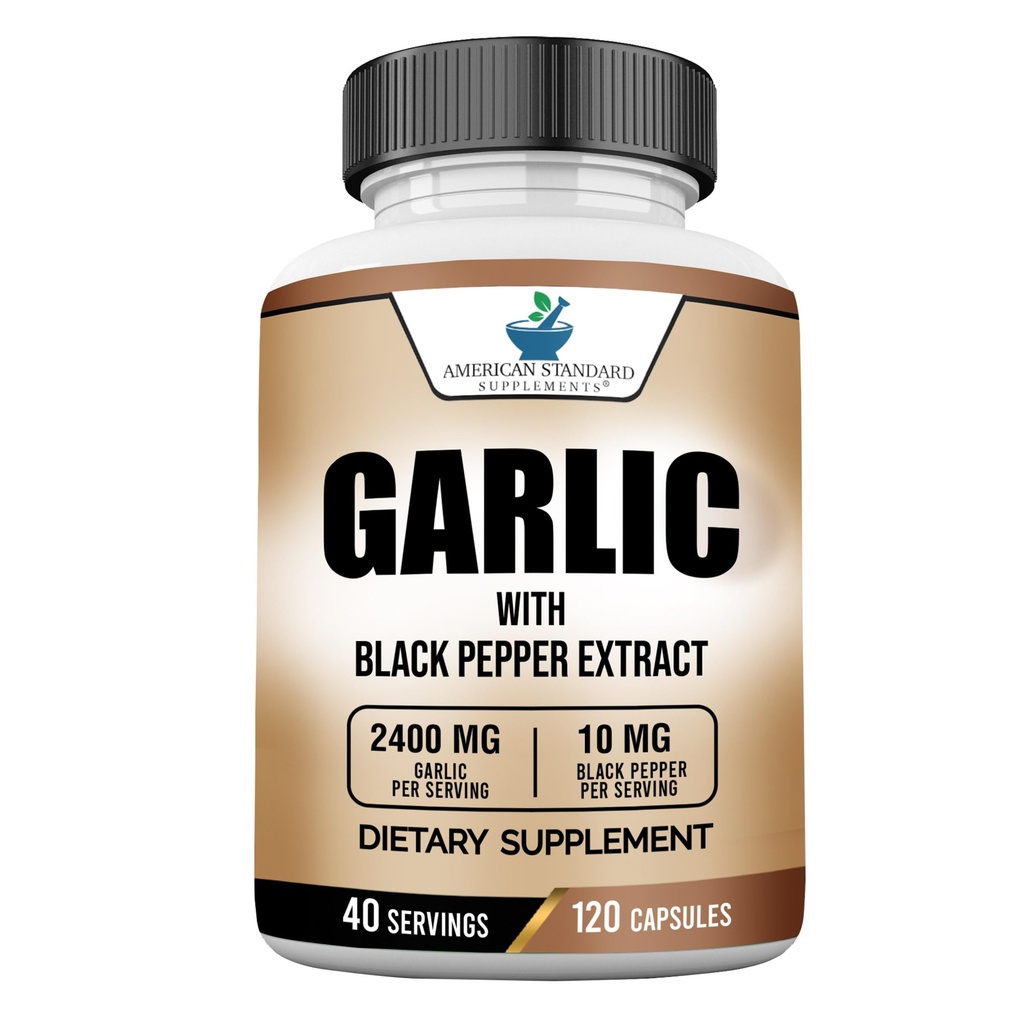 Amerikāņu standarta papildinājumi Ķiploki 2400mg Per Serving with Black Pepper Fruit Extract – Vegan, bez glutēna, ne-GMO, 120 kapsulas, 40 Kalpo