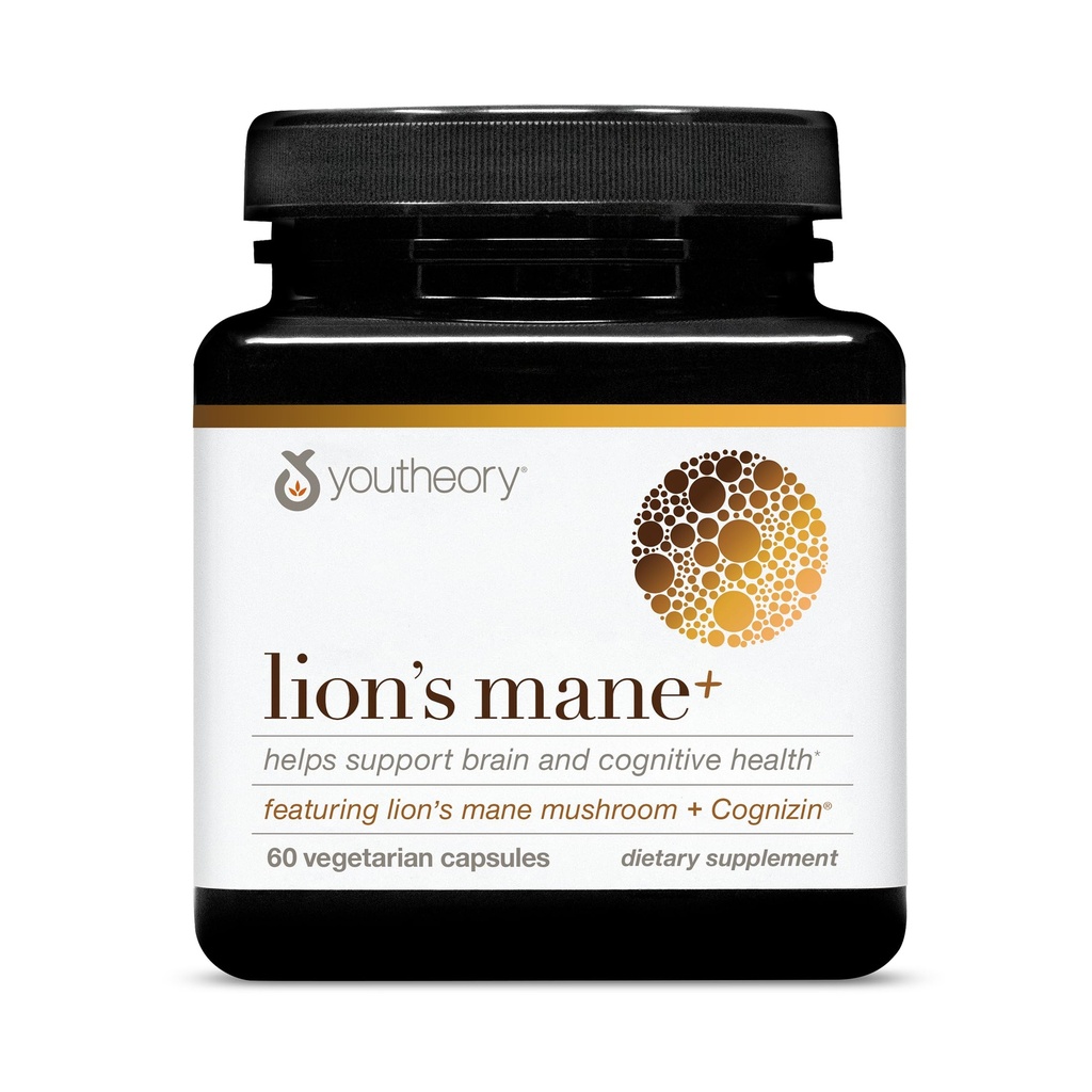 Youtheory Lion's Mane Plus - Sēņu papildinājums ar Cognizin - Piedāvā Fokusa un smadzeņu atbalstu* - 60 Veģetārās kapsulas