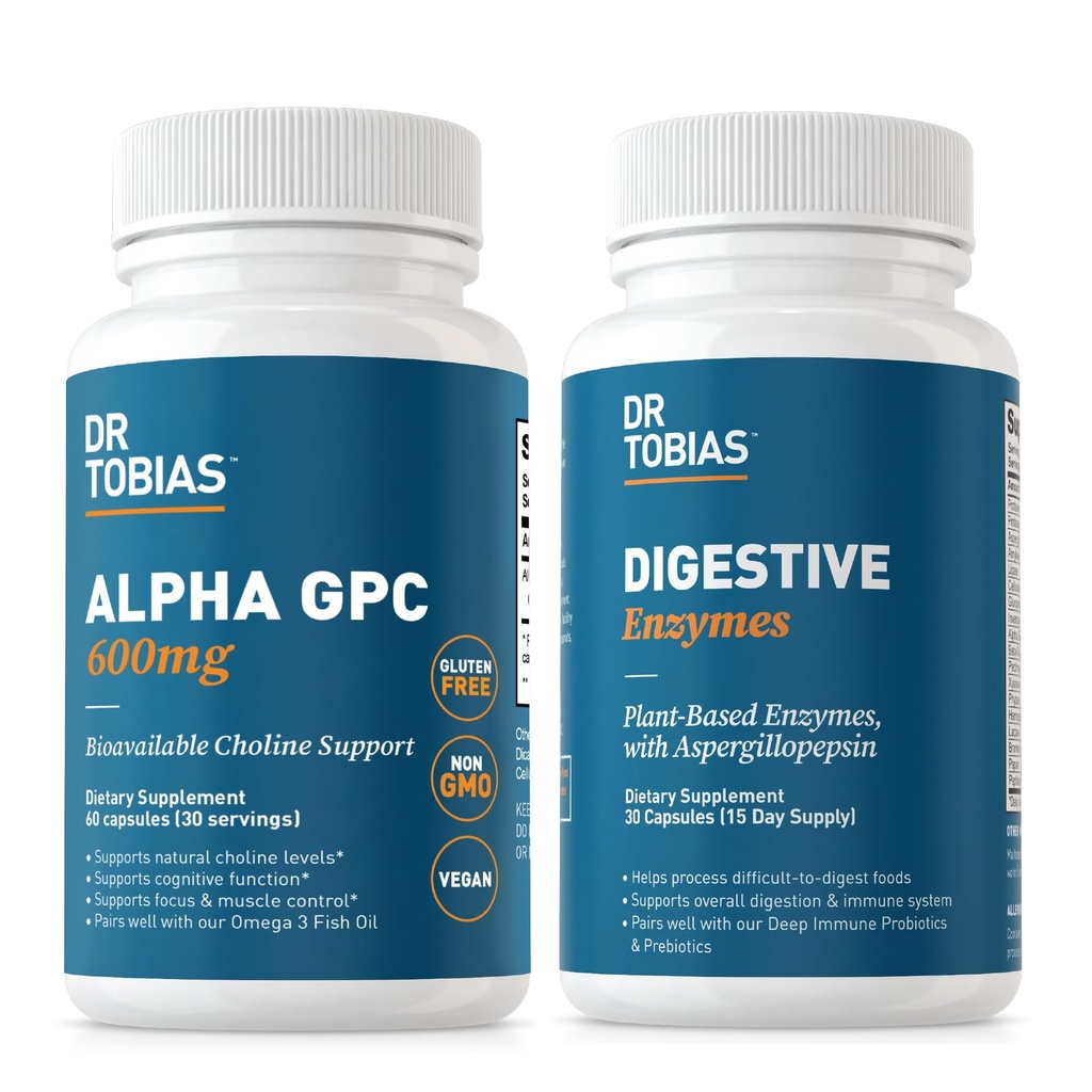 Dr. Tobias Alpha GPC & Gremošanas enzīmi - atbalsts kognitīvā funkcija un ikdienas Gut Veselība ar bioloģiski pieejamiem Holīna papildinājums un Premium enzīmiem gremošanas, ne-GMO