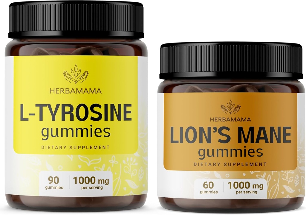 HERBAMAMA L-tirozīna un lauvas manekenu komplekts - 1000 mg L-tirozīna un 1000 mg Lauvas mūļi - Vegan, ne-GMO, bez želatīna - 2 iepakojumi