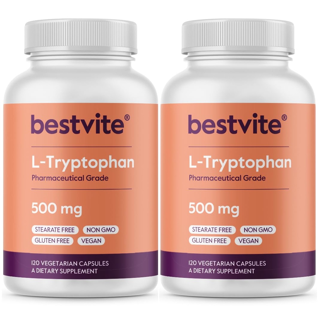BESTVITE L-Tryptophan 500 mg uz kapsulām (240 Veģetārās kapsulas) (2- Iepakojums) - Nē Stearāti - Nē Silica - Nē Želatīns - Vegan - Bez lipekļa - ĢMO