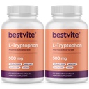 BESTVITE L-Tryptophan 500 mg uz kapsulām (240 Veģetārās kapsulas) (2- Iepakojums) - Nē Stearāti - Nē Silica - Nē Želatīns - Vegan - Bez lipekļa - ĢMO