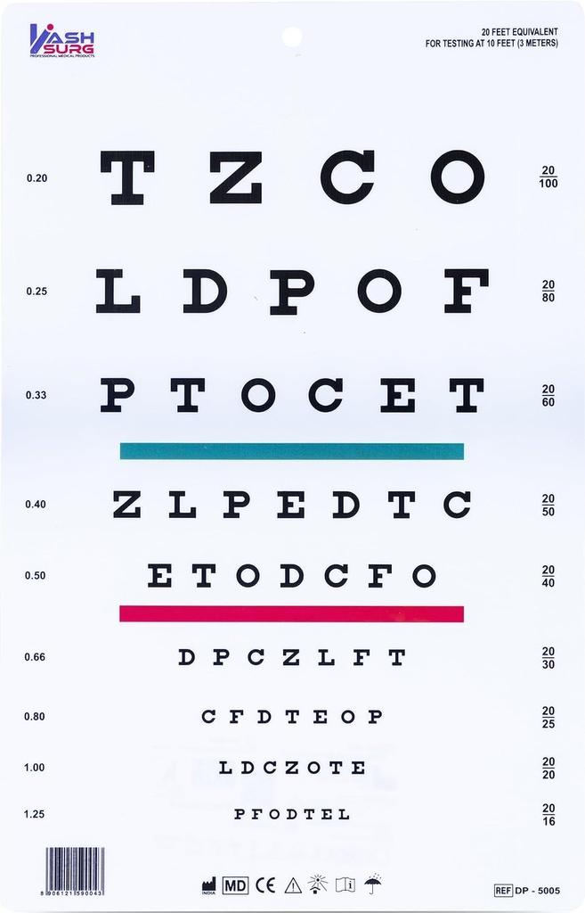 Snellen Chart ar Red Green Lines 10 Pet 9 X 14 in.
