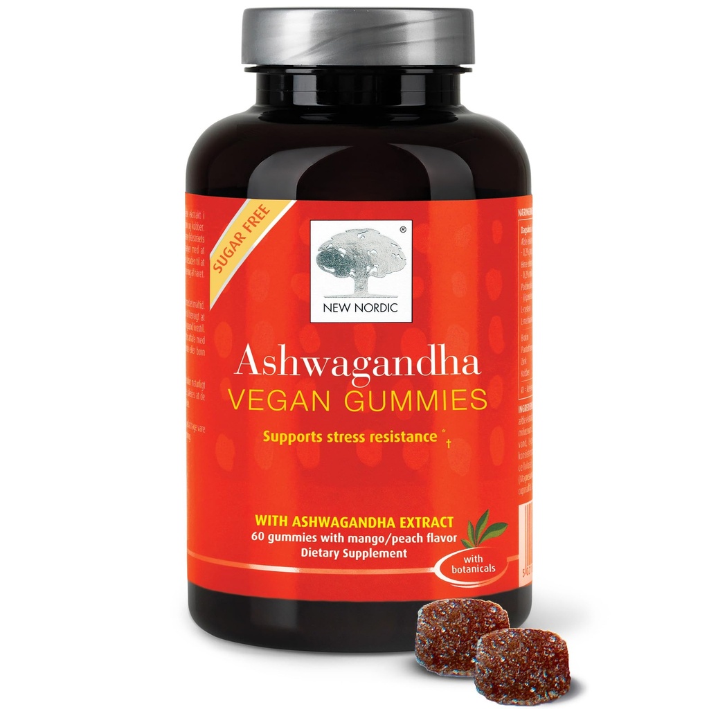 NEW NORDIC Ashwagandha Gumies, 300 mg Ashwagandha Saknes ekstrakts, bez cukura, adaptogēni vīriešiem un sievietēm, Delicious Mango Peach, 60 Gumijas