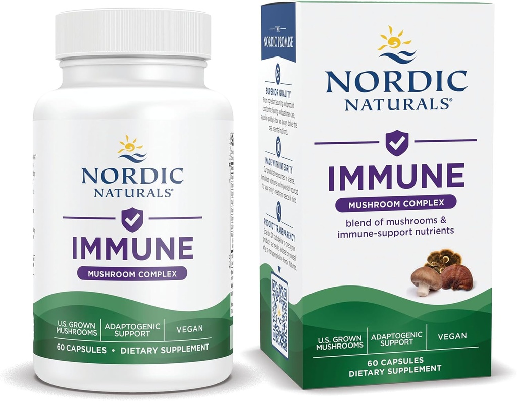 Nordic Naturals Imūnais sēņu komplekss, neflavorēts - 60 kapsulas - Adaptogēns atbalsts - Multi-Mushroom Blend - Optimāls labsajūta - Ne-GMO - Sertificēts Vegan - 30 Kalpojumi