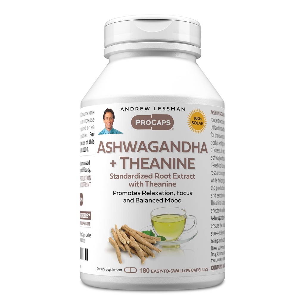 ANDREW LESSMAN Ashwagandha + Teanīns 180 Kapsulas - standartizēts ekstrakts. Veicina Relaxation, Focus un līdzsvarots Mood. Mazas, viegli norīt kapsulas
