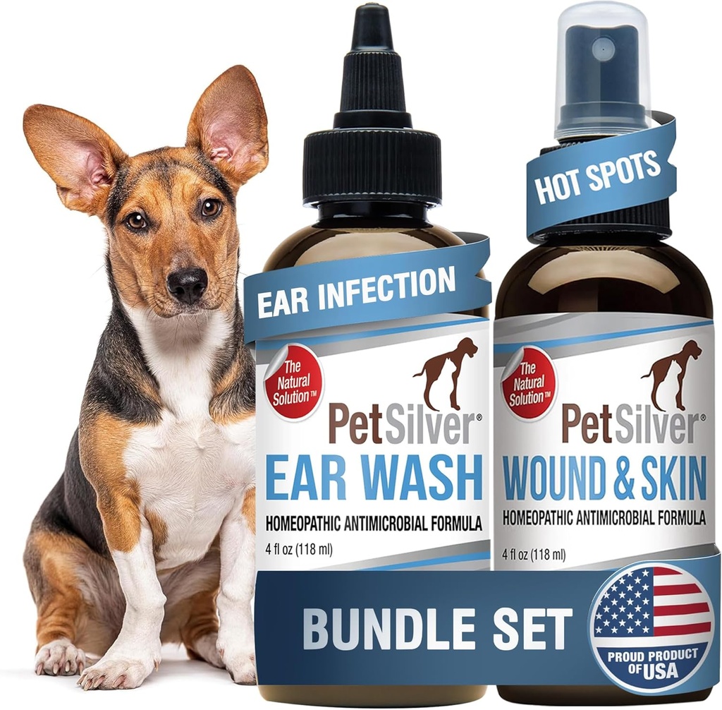 PetSilver - Brūces un ādas smidzināšana (4 fl oz) un ausu mazgāšana (8 fl oz) ar patentētu Helated Silver - Brūces aprūpe, Karstā Spot, & Nieze Relief Spray - Ausu tīrīšana un ārstēšana kaķiem un suņiem - Ražots ASV