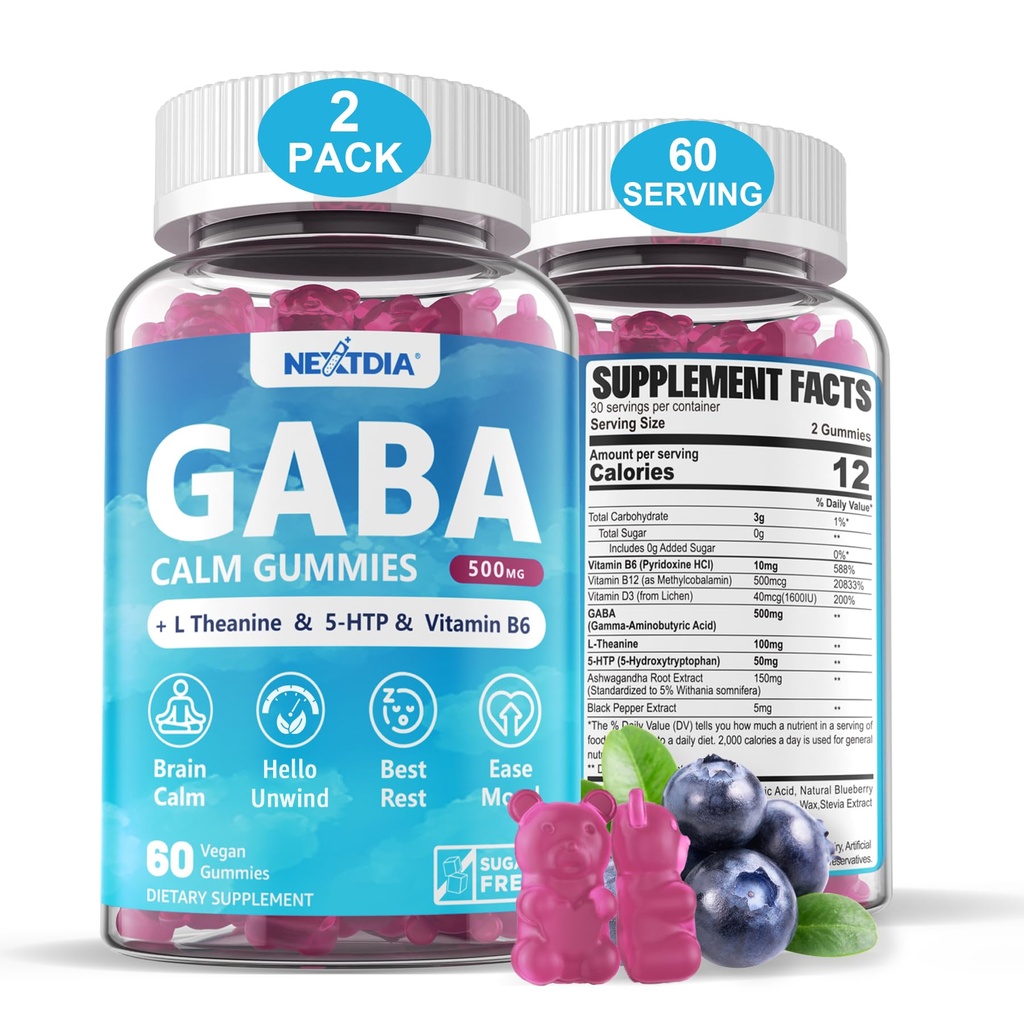 GABA Gummies 500 mg - Bezcukura Calm Gumies ar L Theanine, 5-HTP, Vitamīni D3, B12, Ashwagandha, Melatonin-free Brain Calm, Mood, Zzz Better, GABA papildinājums pieaugušajiem, zileņu Flavor, Vegan