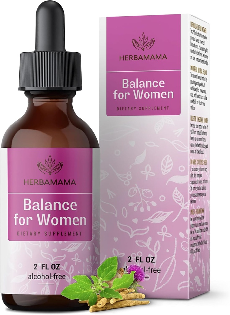 HERBAMAMA balanss sievietēm - piena daiviņas, Vitex Berry, Angelica, Maca Root & Ashwagandha Sieviešu papildinājumi - Vegan, Alkohols un bezcukura, 28 dienu piegādes