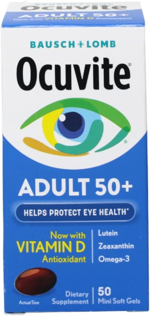 Okuvīts Pieaugušais 50+ Acu vitamīni un minerālvielu piedevas ar luteīnu, Zeaksantīnu un Omega-3, 50 grādos (10. iepakojumā)
