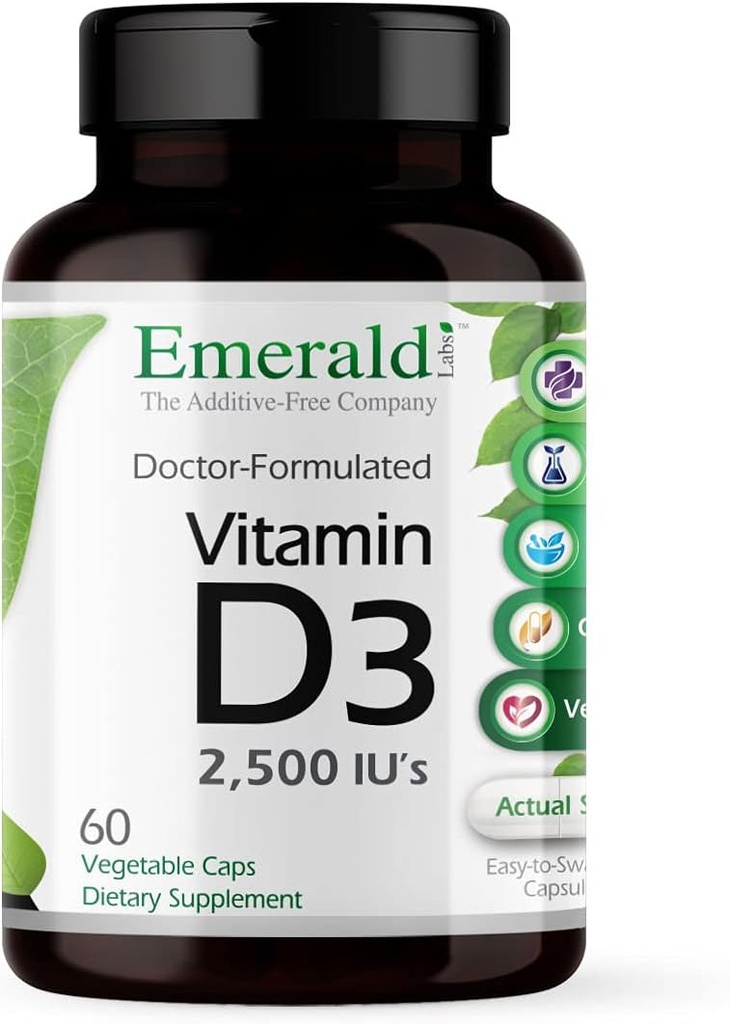 EMERALD LABS vitamīns D3 2500 SV - Atbalsta kaulu, zobu, muskuļu, sirds un imūnās veselības - Premium uztura bagātinātājs - 60 Dārzeņu kapsulas (60-Day Supply)