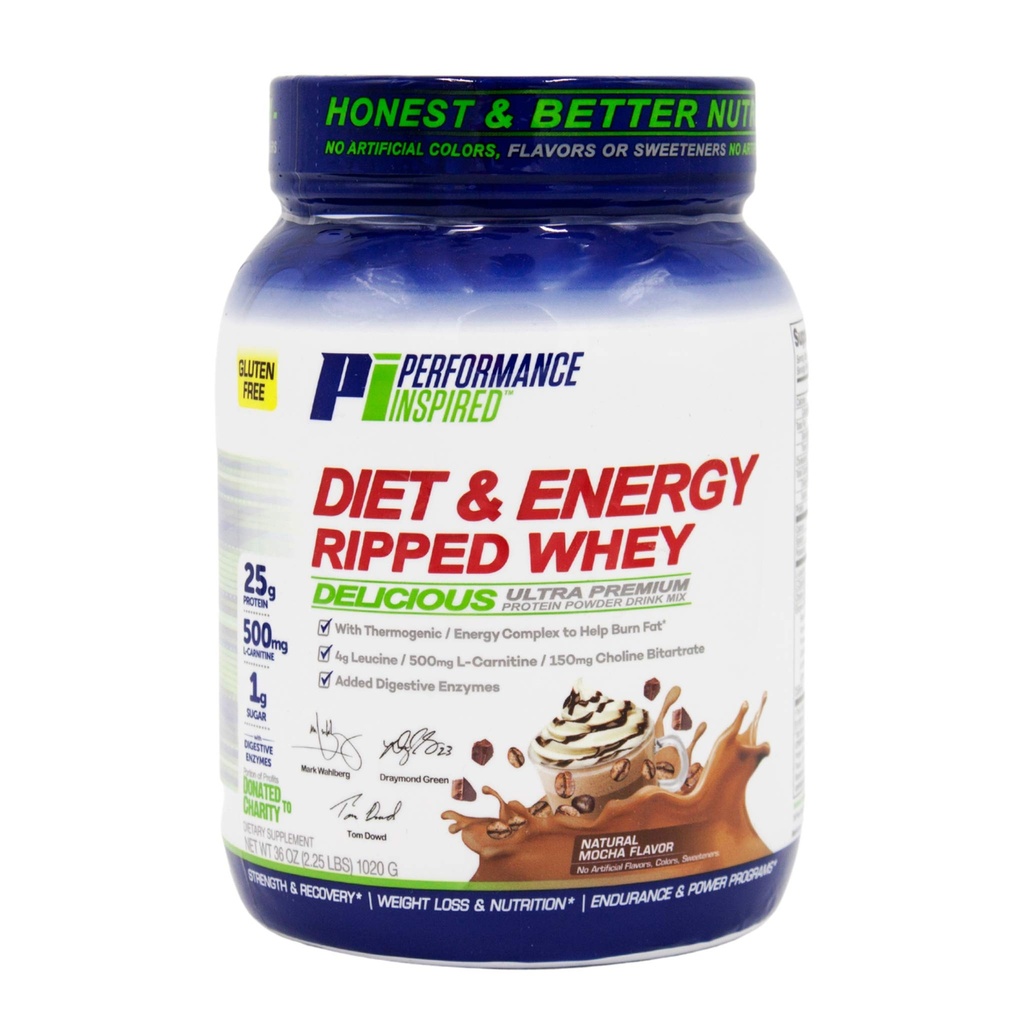 Performance Inspired Nutrition Ripped Whey Protein – 25G Protein – 4G Leicīns – L-karnitīns – Zaļās tējas ekstrakts – Mocha – 2,25 mārciņas