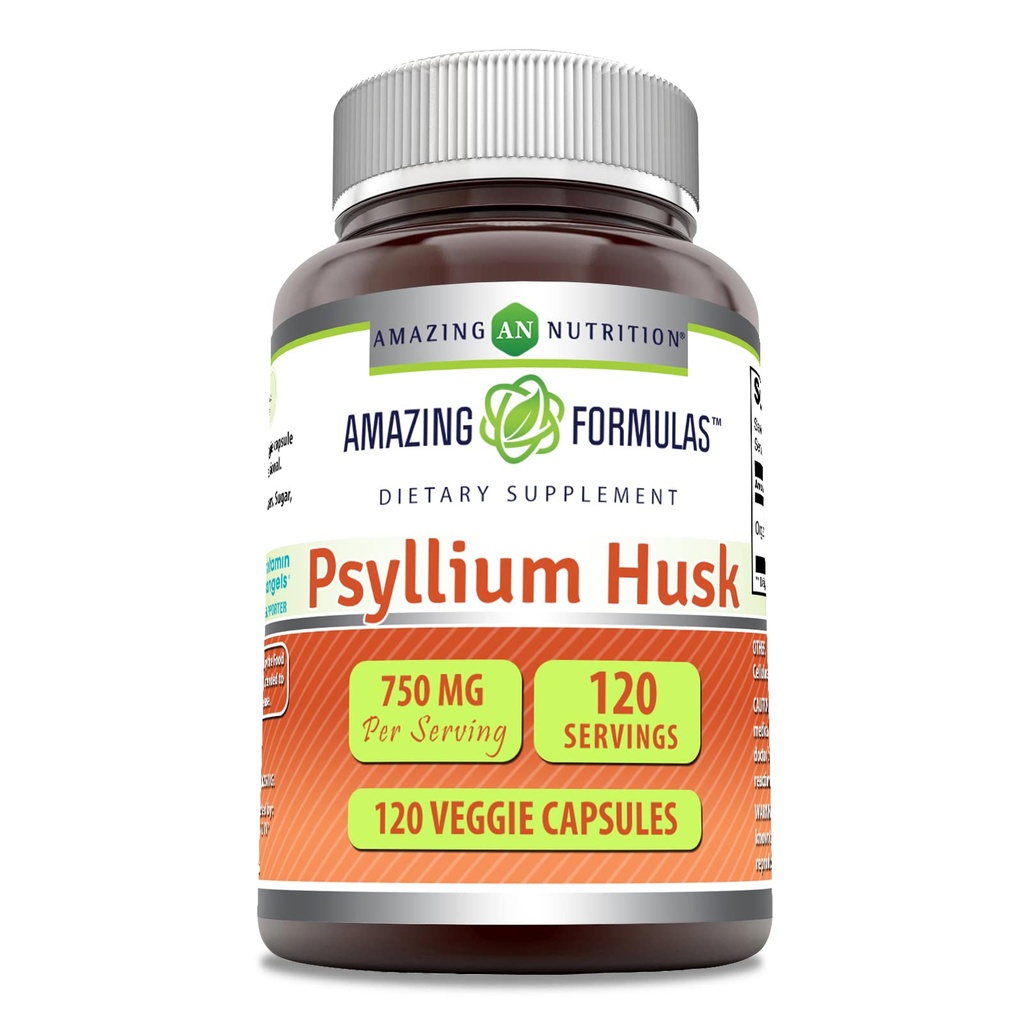 Amazing Formulas Psyllium Husk 750mg Veggie Kapsulas Papildinājums - Non-GMO --- Bez lipekļa - Ražots ASV -- Piemērots veģetāriešiem (120 Skaits)