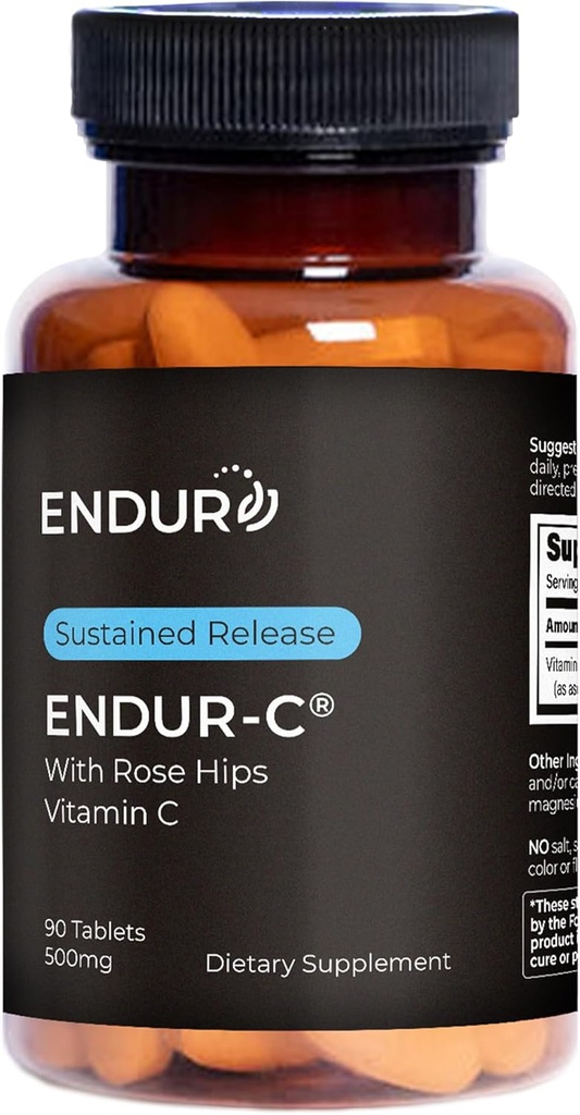 Endur endur-C vitamīns C ar Rose HIPS, atbalsta kolagēna ražošanu, pretoksidantu aizsardzību un maigu Gremošanu, bez lipekļa, 500 mg (90 tabletes)