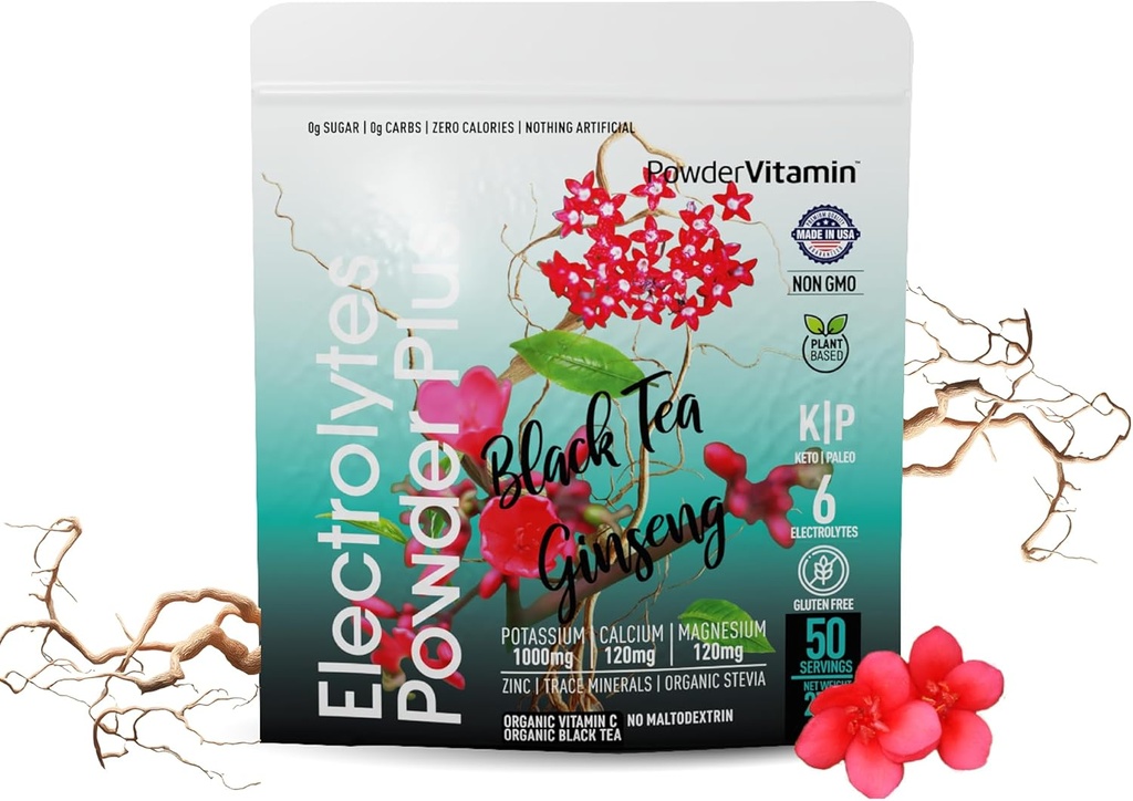 Pulveris Vitamīna elektrolītu pulveris Plus (50 Servē) Melnās tējas žeņšeņs Elektrolītu pulveris Keto, bez cukura, rozā Himalaju sāls, 1000mg Kālija,120mg Kalcija,120mg Magnija, hidrācijas pulveris