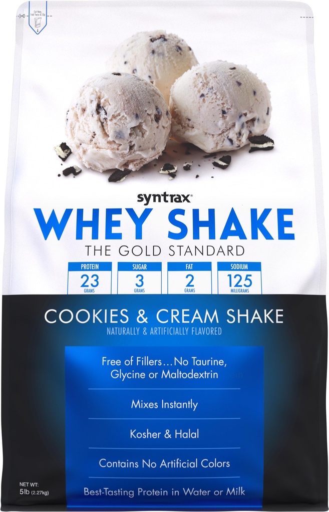 Syntrax Nutrition Whey Shake, Auksti filtrēts un nedenaturēts sūkalu olbaltumvielu pulveris Blend, Cookies & Cream Shake, 5 lbs, Real Cookie gabali