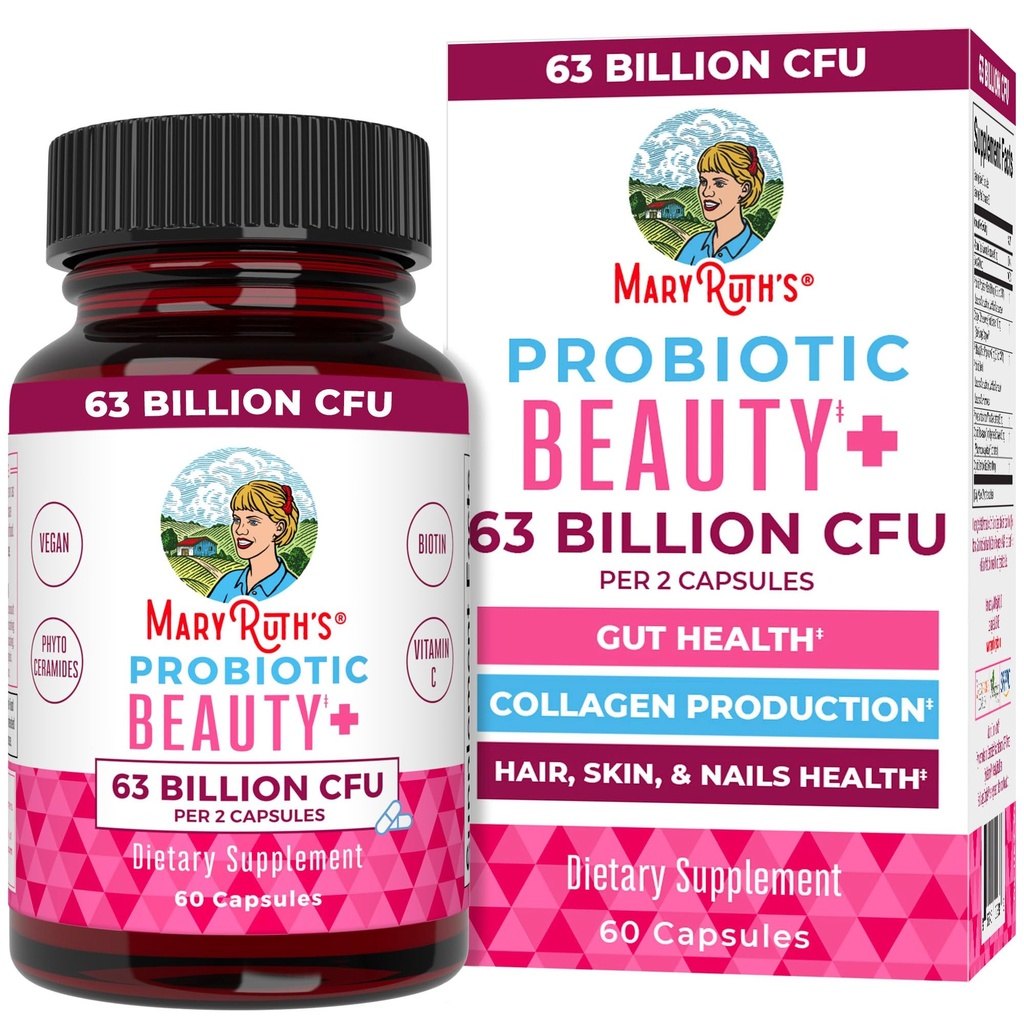 MaryRuth Organics Probiotikas Beauty Capsules - Vegan Collagen Atbalsts - Pretnovecošanās - Gut veselība -- Matu āda un nagus Vitamīni -- Ādas kopšana - Biotīns -- Non-GMO Projekts Verified - 60 Count