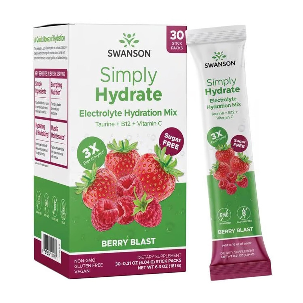 Swanson Vienkārši Hydrate Elektrolītu pulvera maisījums - bezcukura dzērienu maisījums ar 0 kalorijām - ērts uz-Go hidrācijas pulveris - Advanced Electrolyte Drink Mix - Berry Blast Flavor - 30 paciņas