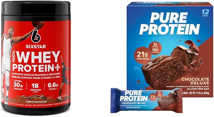 Seši Star Elite 100% sūkalu proteīns Plus Triple Šokolādes 1.8lbs un Pure Protein Šokolādes Deluxe Protein Bars 12 Count Pack