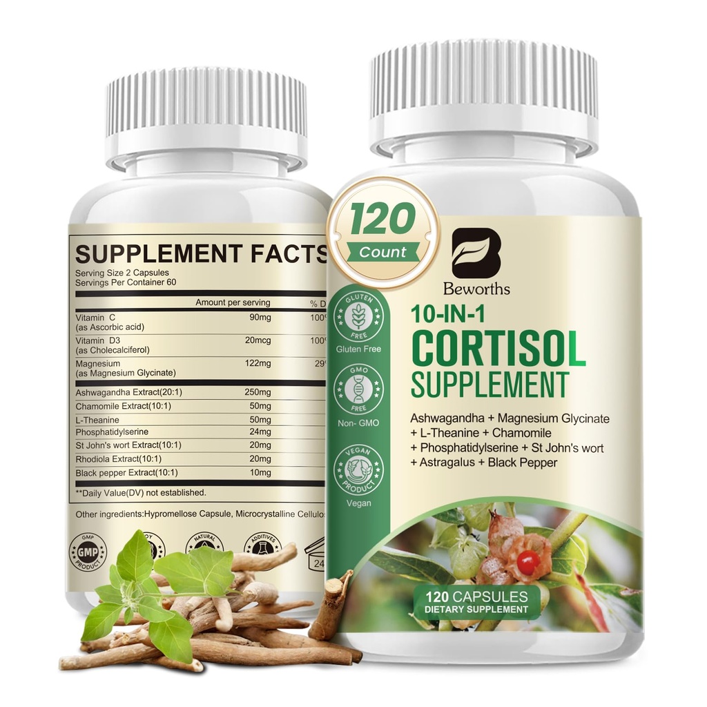 Kortizola papildinājumi sievietēm vīriešiem, 10-in-1 Cortizol Detox ar Ashwagandha, magnijs, L-teanīns, līdzsvaroti kortizola līmeņi, nakts un kalm atbalsts, 120 Vegan kapsulas
