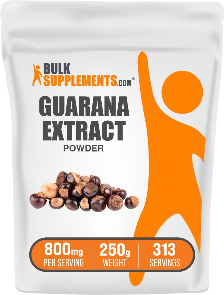 BulkSupplements.com Guarana Extract Powder - Dabīgs kofeīna papildinājums, no Guarana Seed, Guarana Powder - Gluten Free, 800mg per Serving, 250g (8.8 oz) (iepakojums no 1)