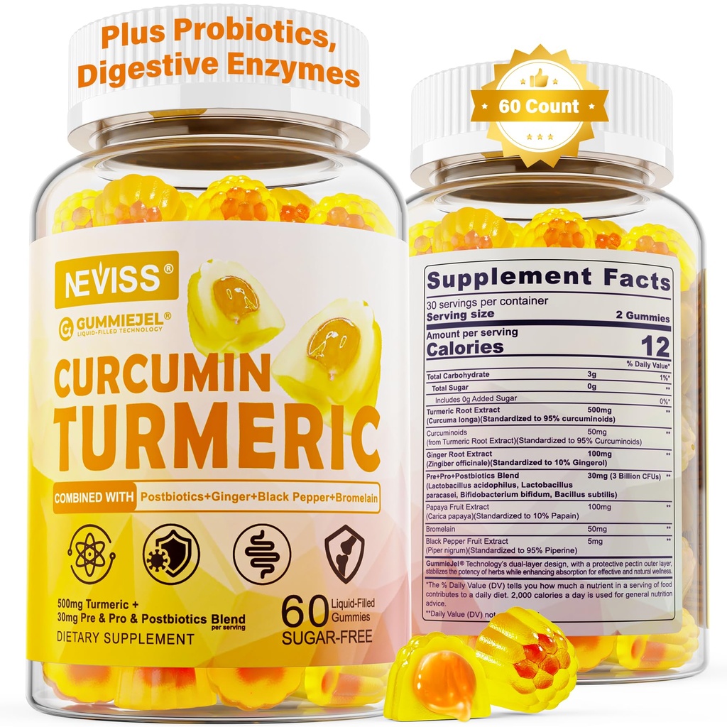 Bezcukura Turmeric Kurkumīns Pildītie Gummies 550mg pieaugušajiem, Ingvera un melnā pipara              - 95% Kurkuminoīdi w / Prebiotic Probiotic & Postbiotic Blend, Atbalsts Imūnās un Gremošanas Veselība, Vegan, 60 Count