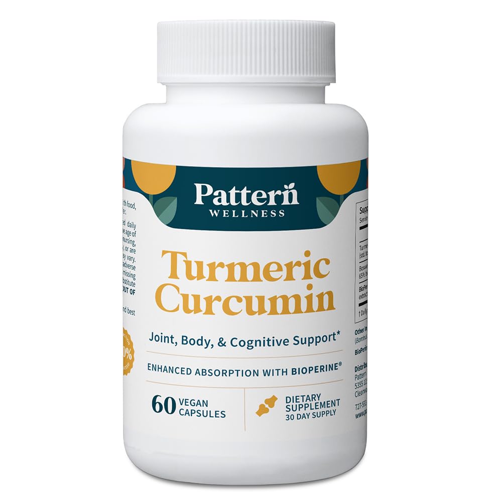 Pattern Wellness Turmeric Kurkumīns – 1300mg – 95% Kurkuminoīdi ar BioPerine® Black Pepper – Locītavu, Kognitīvais un Imūnais atbalsts – Ne-GMO, bez lipekļa – 60 kapsulas