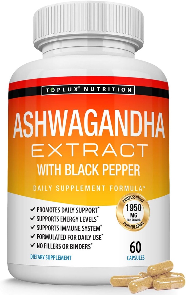 Organic Ashwagandha Root Powder Pills 1950 Mg ar Black Pepper Extract - Pure Natural Ashwagandha Papildinājums, Atbalsta enerģija, vīriešiem, 60 kapsulas