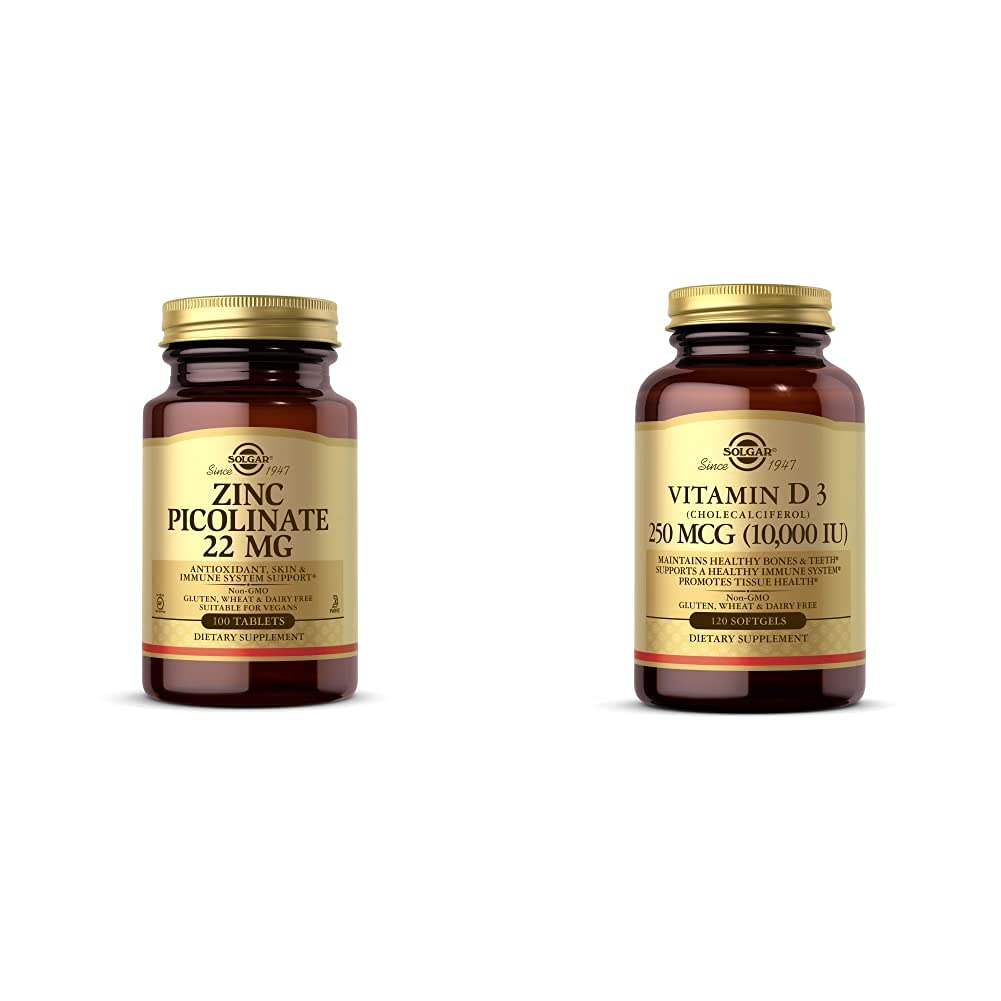 Solgar Cinka pikolināts 22 mg, 100 tabletes - veicina veselīgu ādu - atbalsta Imūnsistēma, Normāls T ar vitamīnu D3 (holekalciferols) 250 MCG (10 000 SV), 120 Softgels - palīdz uzturēt veselīgus kaulus