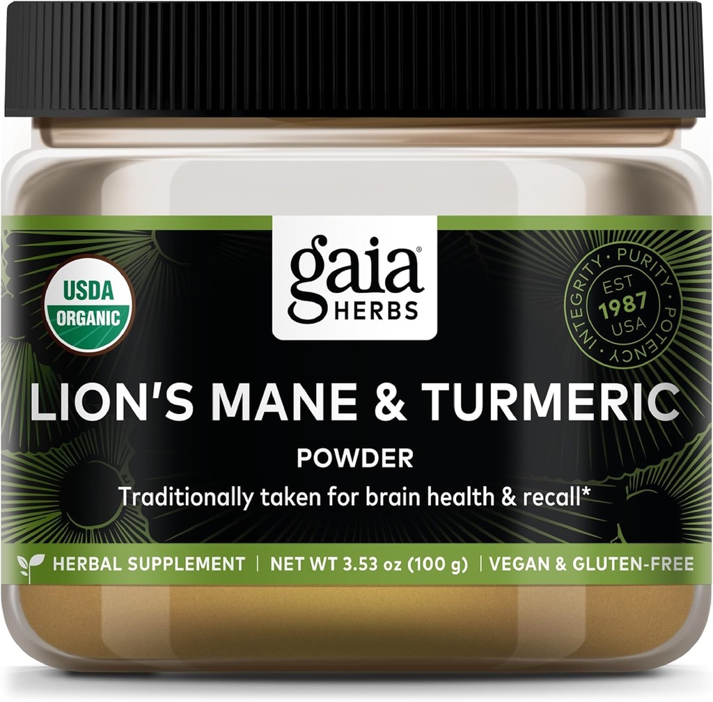Gaia Herbs Lion s Mane & Turmeric pulveris - augu sēņu piedevas pulveris, lai palīdzētu uzturēt smadzeņu veselību un atsaukt - USDA Certified Organic-3.53 Oz (līdz 45 dienu piegādes)