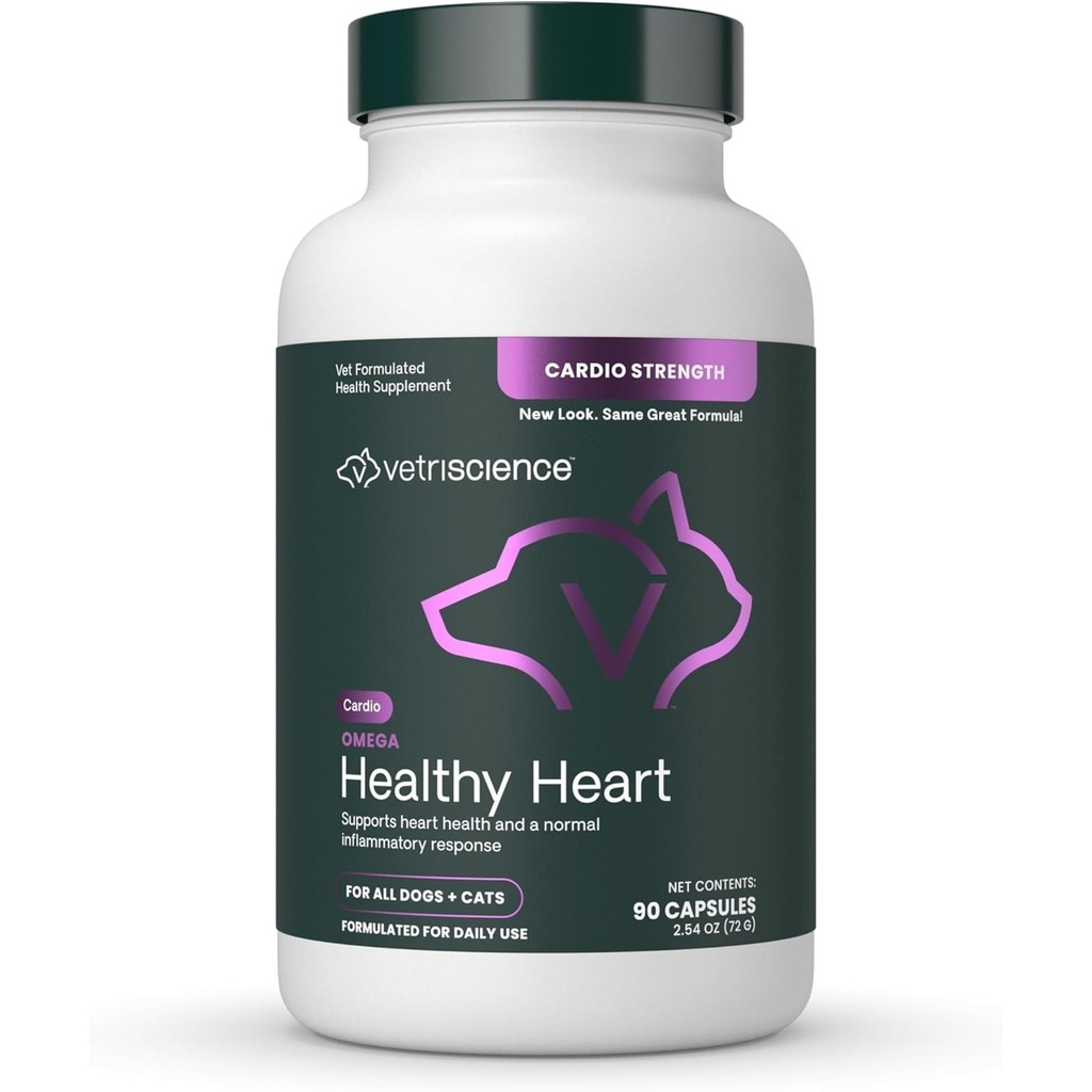 VetriScience Omega Veselīga sirds Viegli atvērtas kapsulas, Cardio Strength Taurine un Omega-3 papildinājums suņiem un kaķiem, sirds atbalsta papildinājums mājdzīvniekiem, 90 Skaits