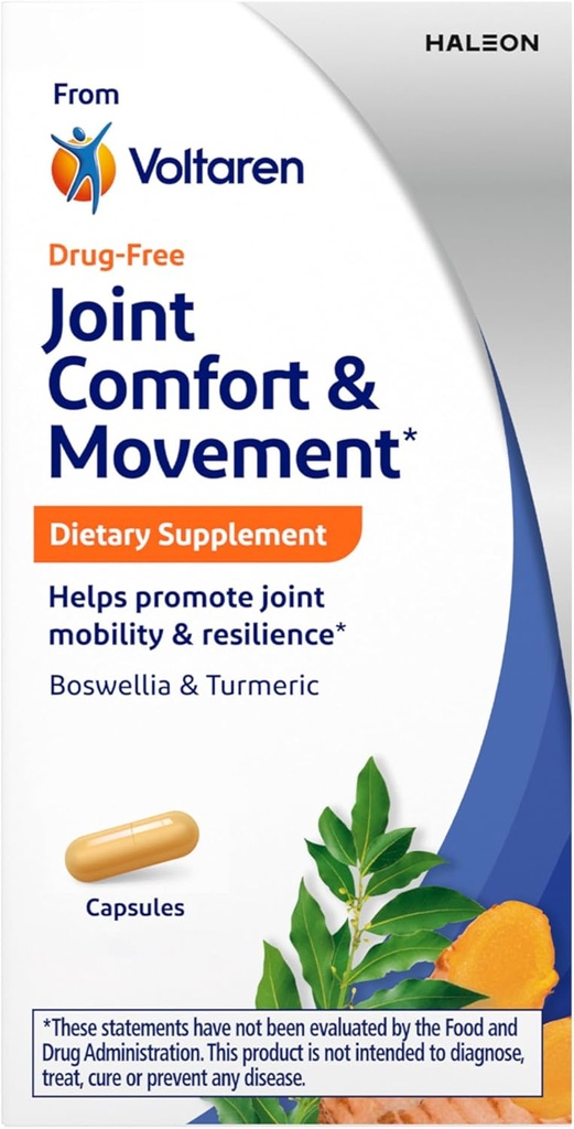 Voltaren Joint Comfort un kustību uztura papildinājums no Voltaren, ar Boswellia un Turmeric kopīgam atbalstam, kustībai un elastībai – 30 grāfs pudele
