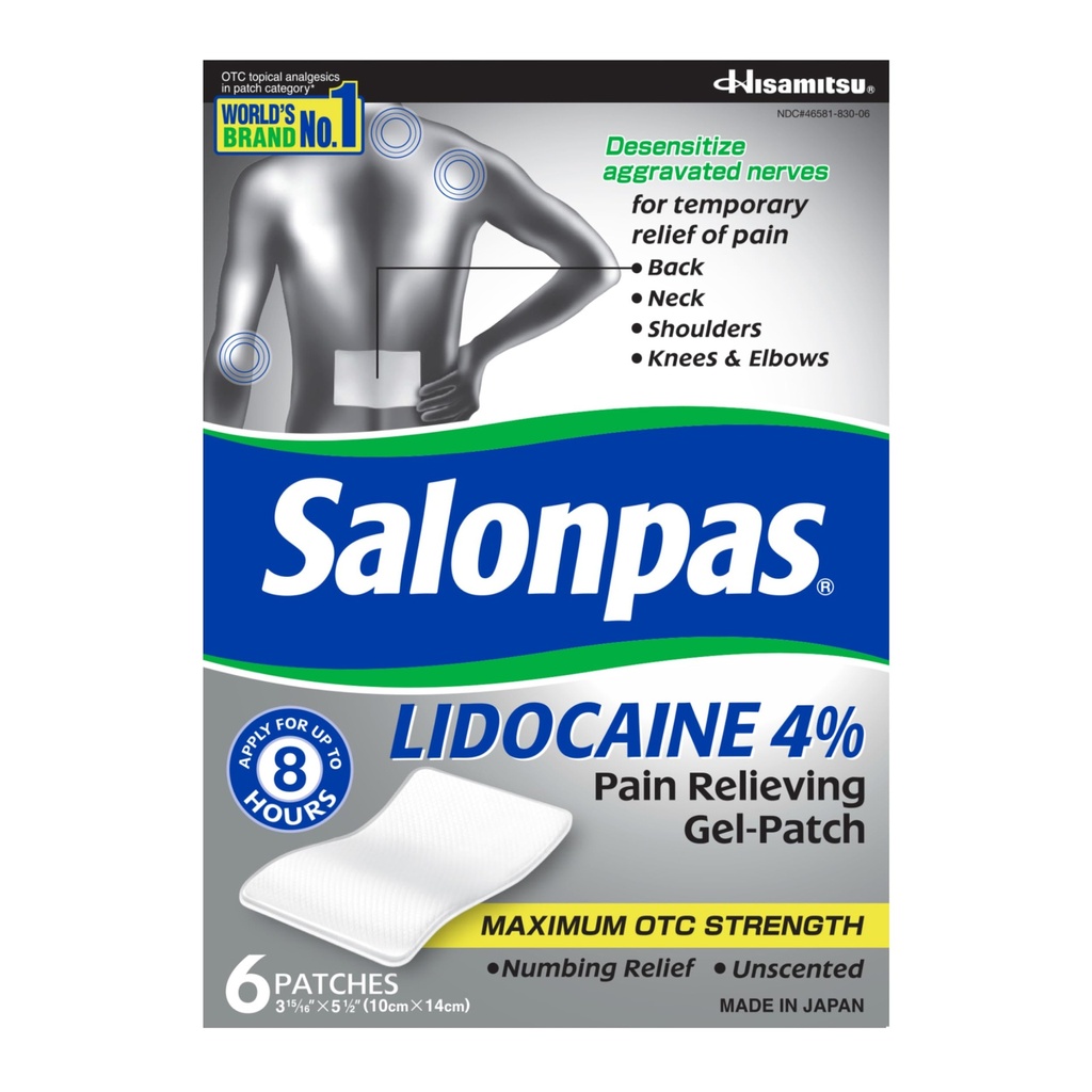 Salonpas Lidokaīns 4% sāpes Gel-Patch atvieglošana, 6 skaitīšana, muguras, kakla, plecu, ceļa un Elbow sāpes