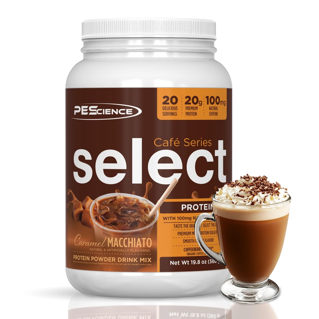 PEScience Select Cafe Protein Coffee Flavored pulveris, Karamel Macchiato, 100mg kofeīns, 20g Iled Protein Coffee pulveris vai Krēmētājs, 20 Kalpo
