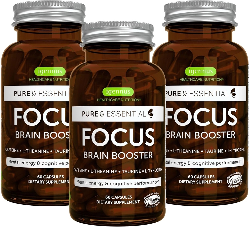 Igennus Focus - Nootrops ar 200 mg dabisko kofeīna, metilēti B vitamīni, L-teanīns, Taurīns, L-tirozīns, tīra enerģija, smadzeņu pastiprinātājs un kognitīvā veiktspēja, ne ņirgāšanās, 180 kapsulas