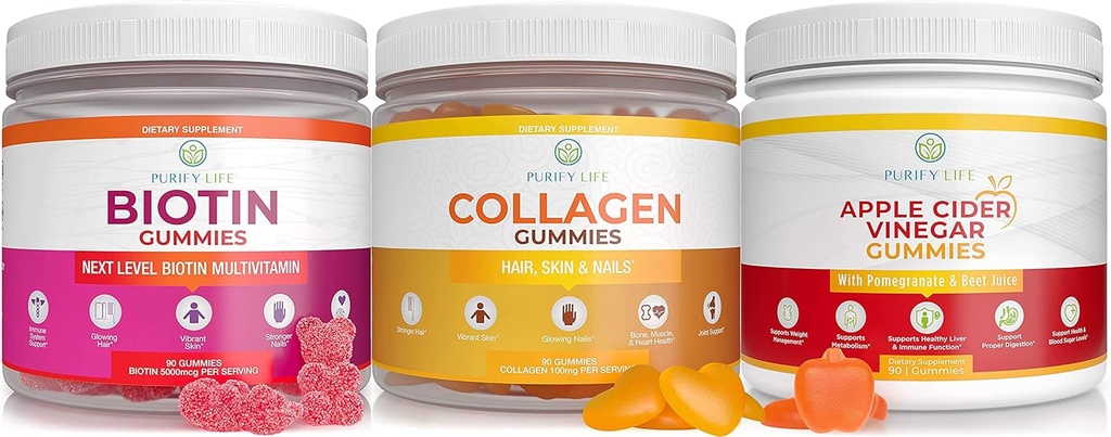 Attīrīt dzīvi Ābolu Sidra Etiķis, Collagen & Biotin Bandle, Gut Health & Digestion, Gumijas matu augšanu, Veselīgāku ādu un nagus, Vegan, bez lipekļa, ne-GMO Visi dabas papildinājumi