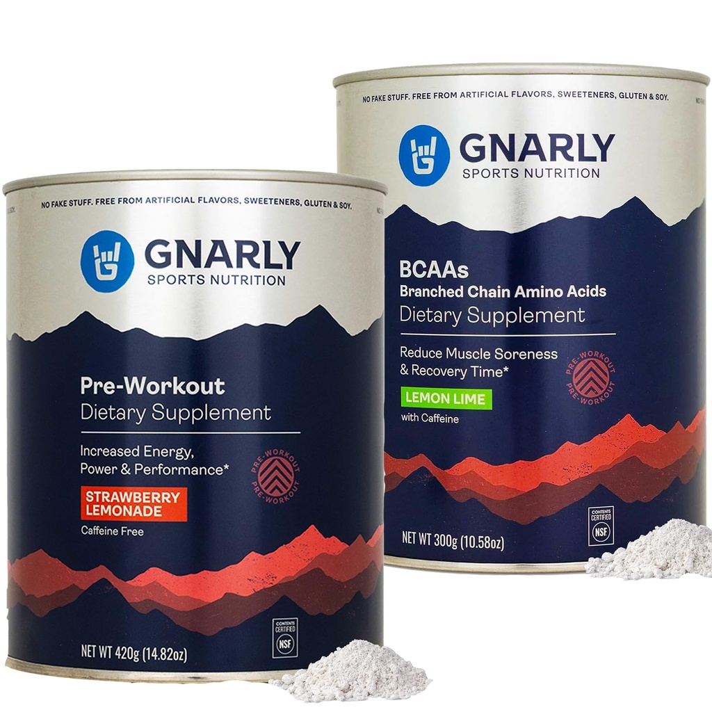 Gnarly Nutrition Gnarly Pirms treniņa Zemeņu citronāde Bez kofeīna (14.82oz) BCAAs citrons Laims (10.58oz)