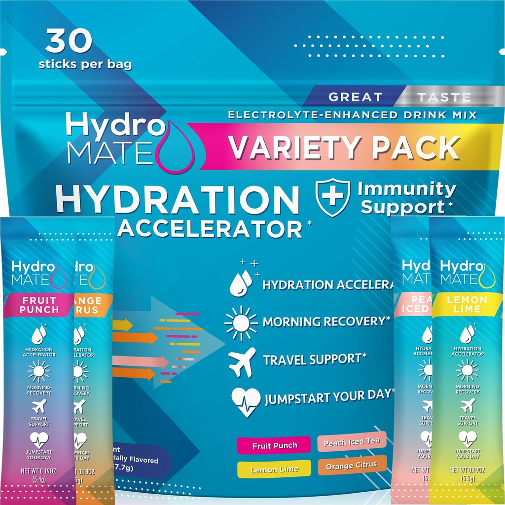 HidroMATE Elektrolītu pulveris Variety Pack Hydration Paketes ar zemu cukura 30 Skaits