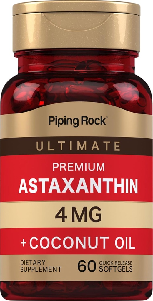 Piping rock Astaksantīns 4mg - 60 Softgels - ar kokosriekstu eļļu -- Aļģu ekstrakta papildinājums - neĢMO, bez lipekļa